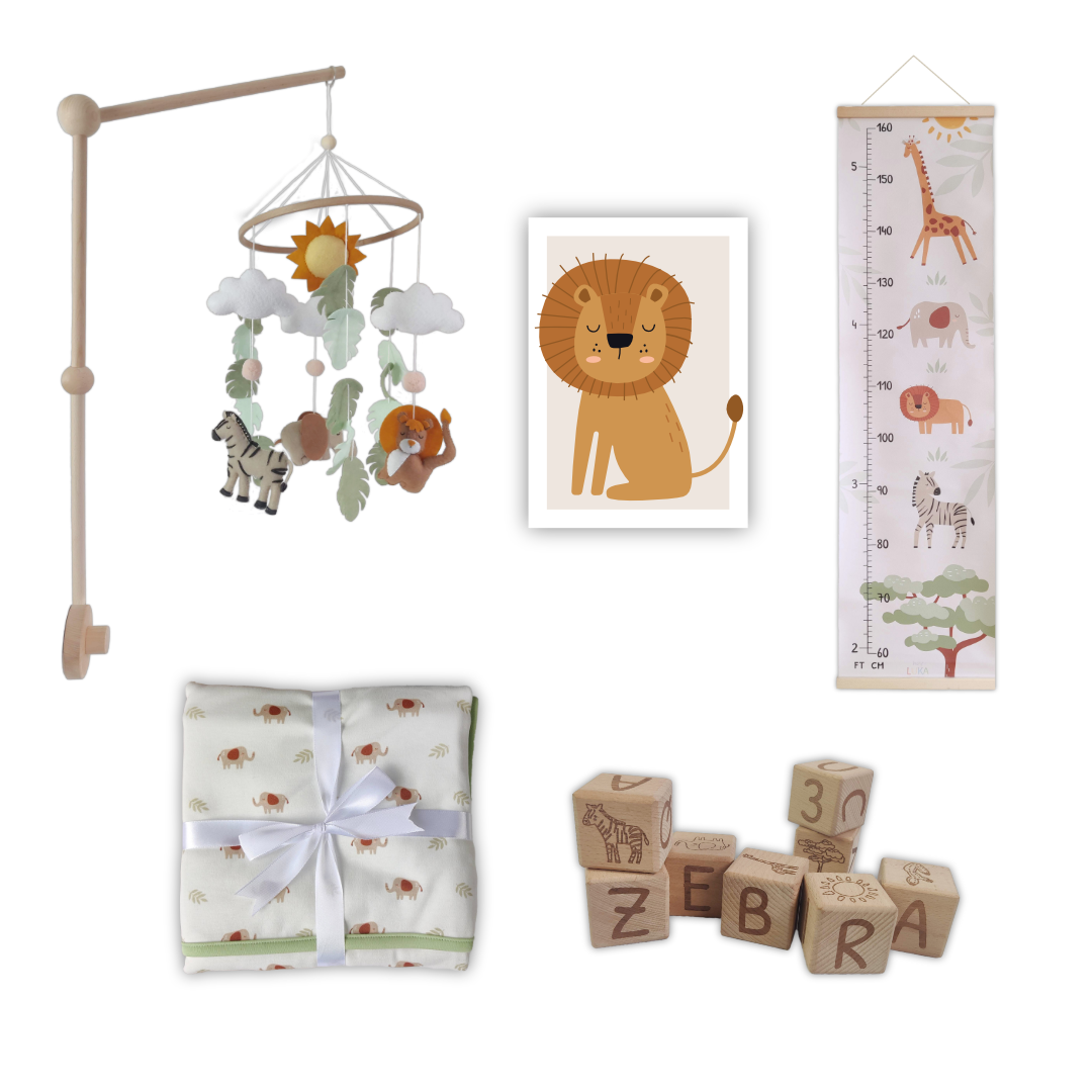 Five matching safari themed nursery accessories on a white background (crib mobile, height chart, poster, blanket and wooden blocks)