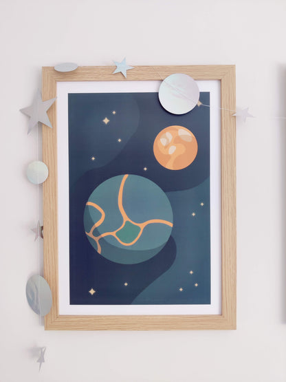 Close up photo of planets artwork framed on the wall